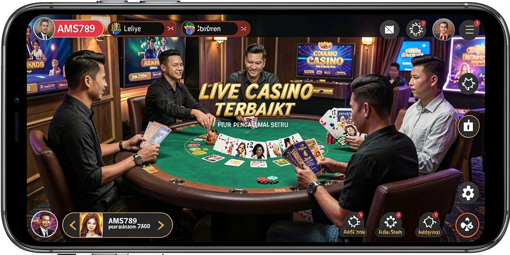 Screenshot AMS789 menampilkan dealer live yang berinteraksi dengan pemain dalam gameplay Live Casino.