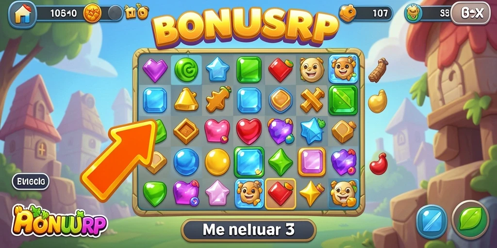 Tangkapan layar gameplay BONUSRP menampilkan level penuh warna dan interaksi match-3 yang seru.