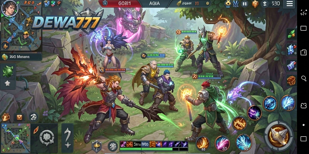 Tampilan seru dari gameplay DEWA777 di pertempuran MOBA.