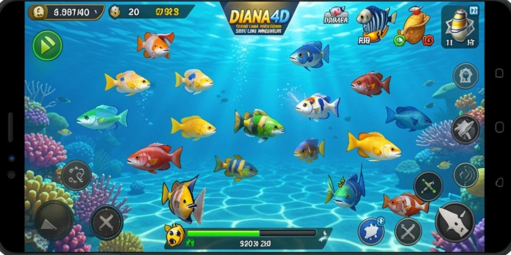 Tampilan gameplay seru dalam DIANA4D yang menampilkan aksi menembak ikan.