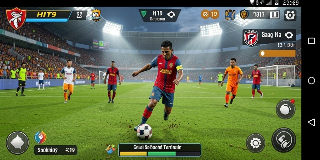 Tampilan gameplay HIT9 yang menampilkan aksi sepak bola seru dan dinamis.