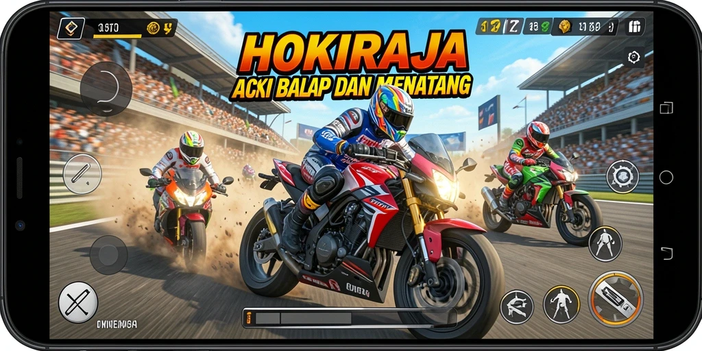 Screenshot HOKIRAJA menampilkan aksi balap motor yang cepat dan mendebarkan.