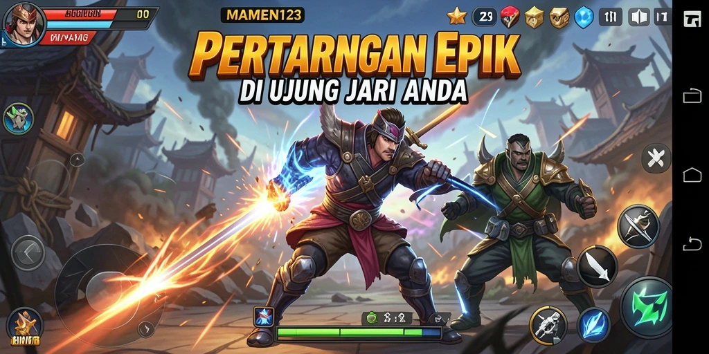 Screenshot gameplay MAMEN123 menampilkan pertarungan seru antara karakter-karakter unik.