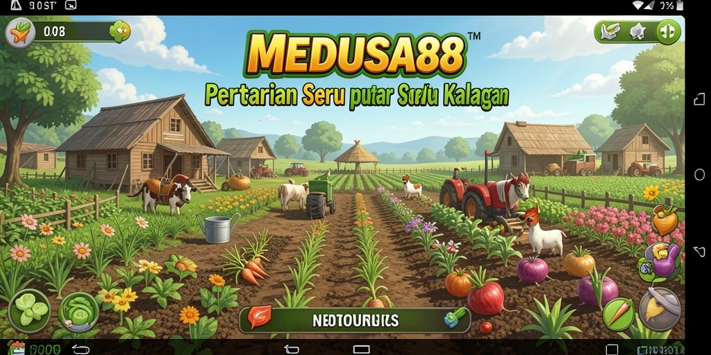 Tampilan gameplay MEDUSA88 dengan lahan pertanian yang luas dan beragam tanaman.