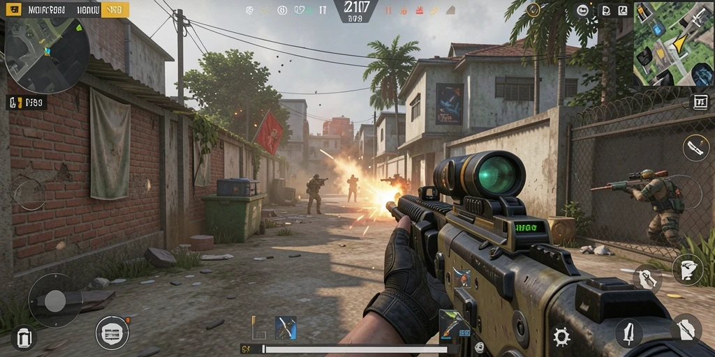 Screenshot utama dari gameplay intens SD107 dalam pertempuran FPS.